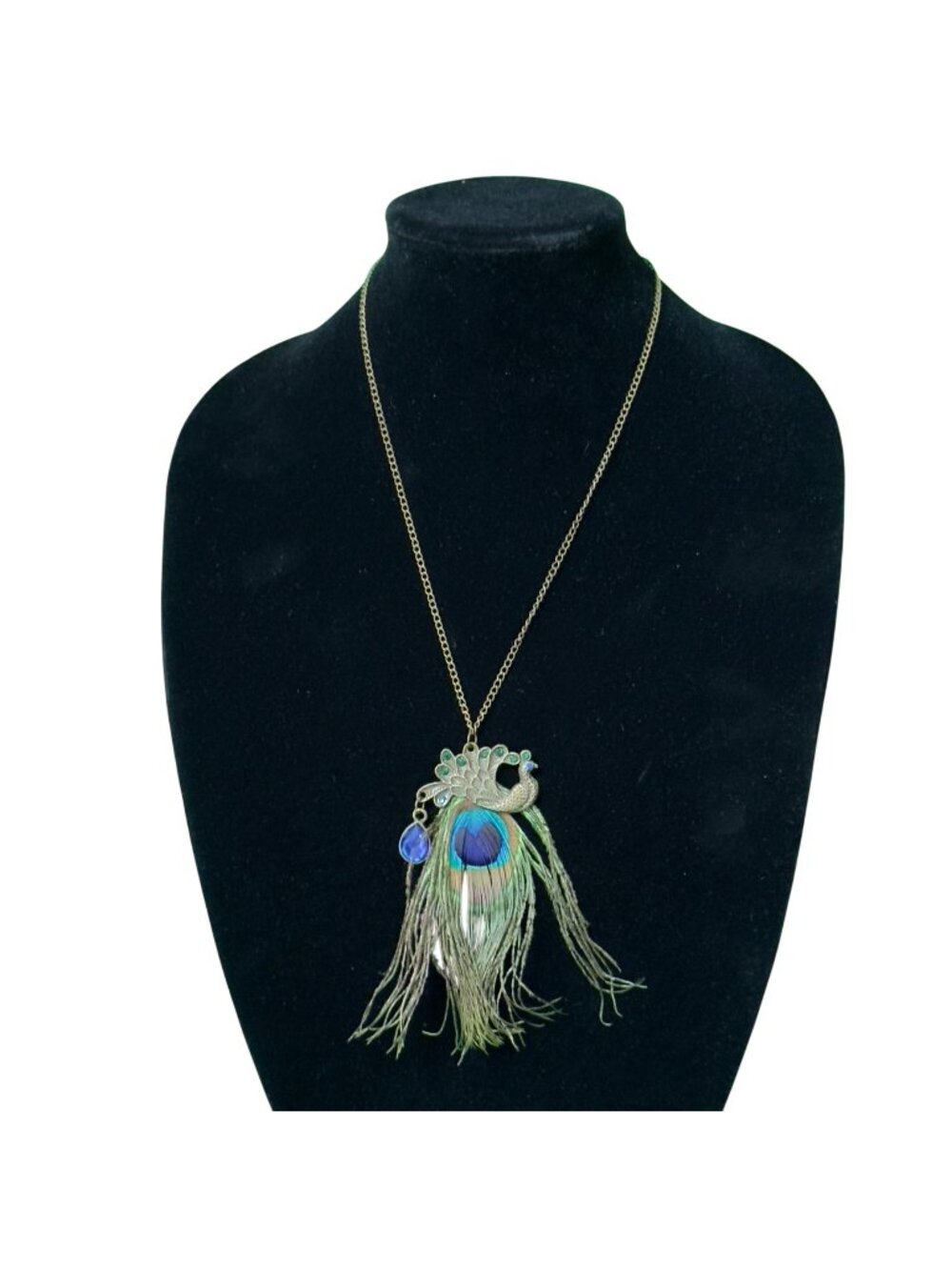 Peacock Feather Pendant Necklace Antique Gold Tone Chain & Blue Gemstone Accents